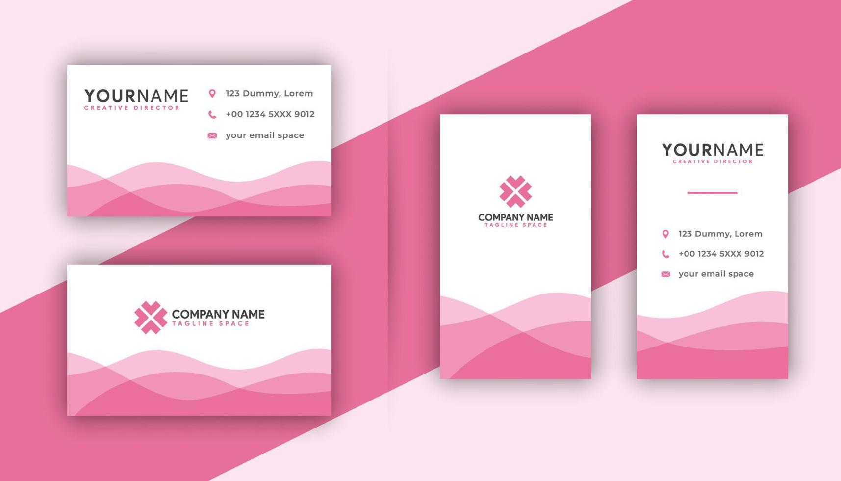 Double-sided creative pink business card template. Portrait and landscape orientation. Horizontal and vertical layout. Vector illustration