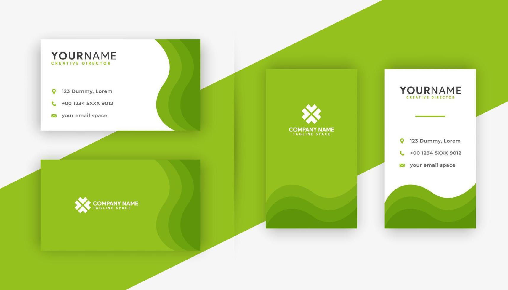 Green Double-sided creative business card template. Portrait and landscape orientation. Horizontal and vertical layout. Vector illustration
