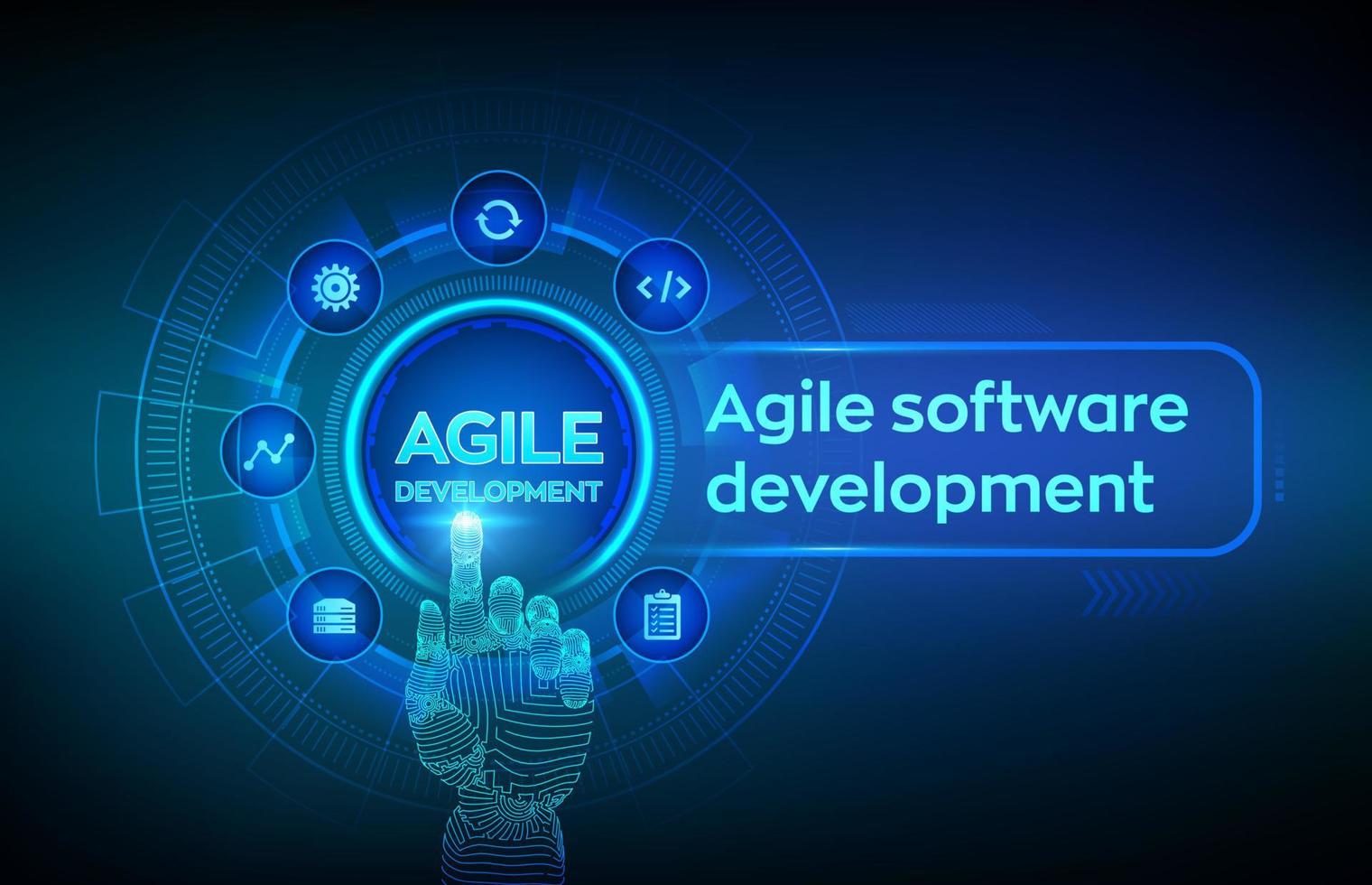 Agile software development methodology concept on virtual screen. Digital technology, big data concept. Flexible developing process. Robotic hand touching digital interface. Vector illustration.