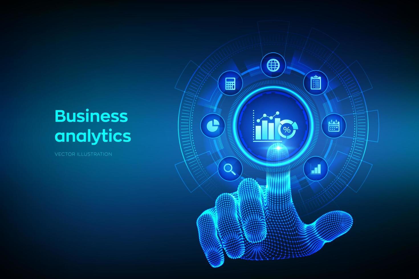 Business data analytics and robotic process automation concept on virtual screen. Profit and revenue of company, BI or KPI concept. Wireframe hand touching digital interface. Vector illustration.