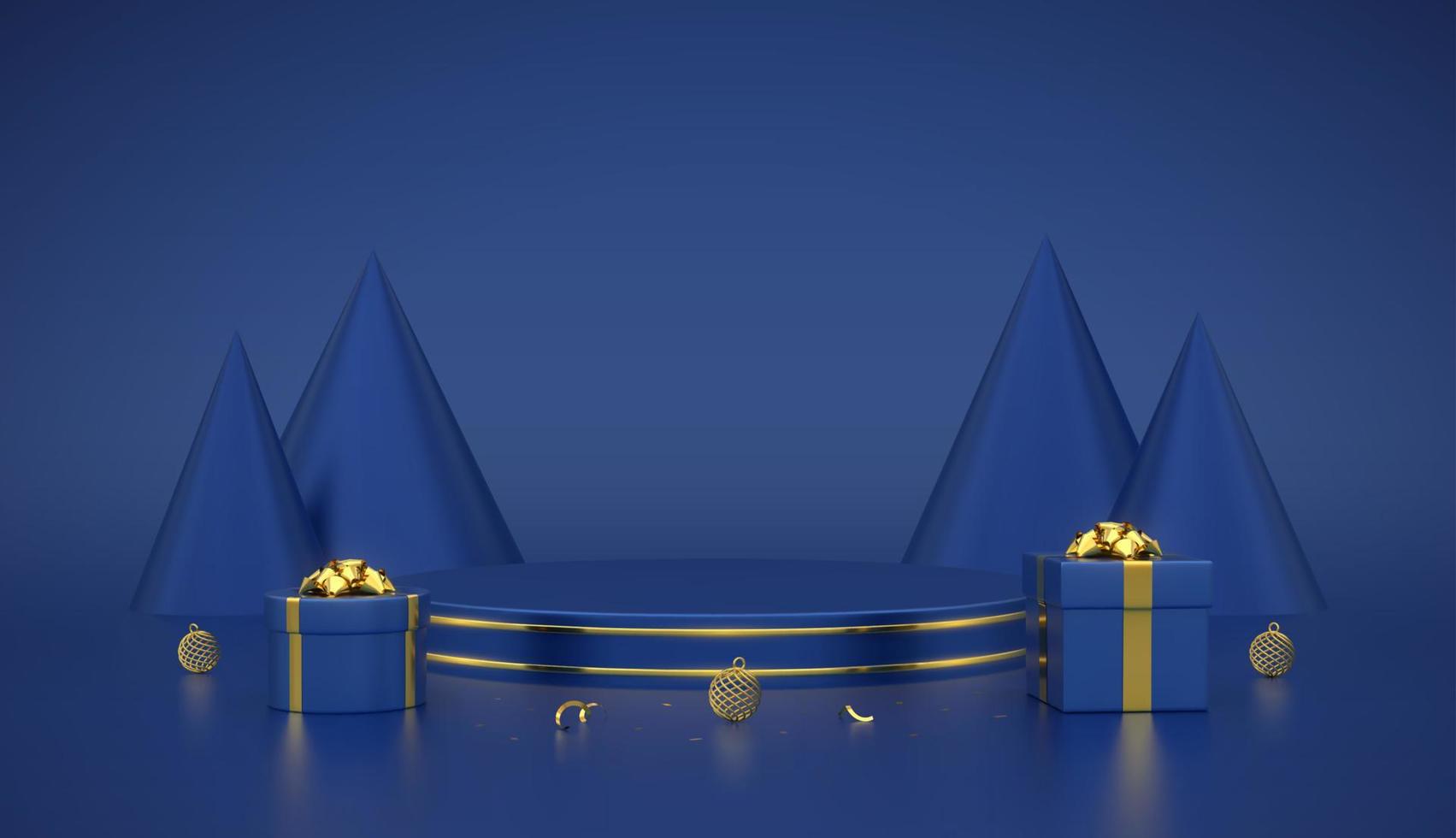 Blue round podium. Scene and 3D platform with gold circle and cone shape pine or spruce trees on blue background. Blank Pedestal with gift boxes with golden bow and shining balls. Vector illustration.