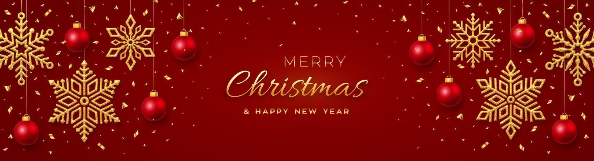 Christmas red background with hanging shining golden snowflakes and balls. Merry christmas greeting card. Holiday Xmas and New Year poster, web banner, header website. Vector Illustration.