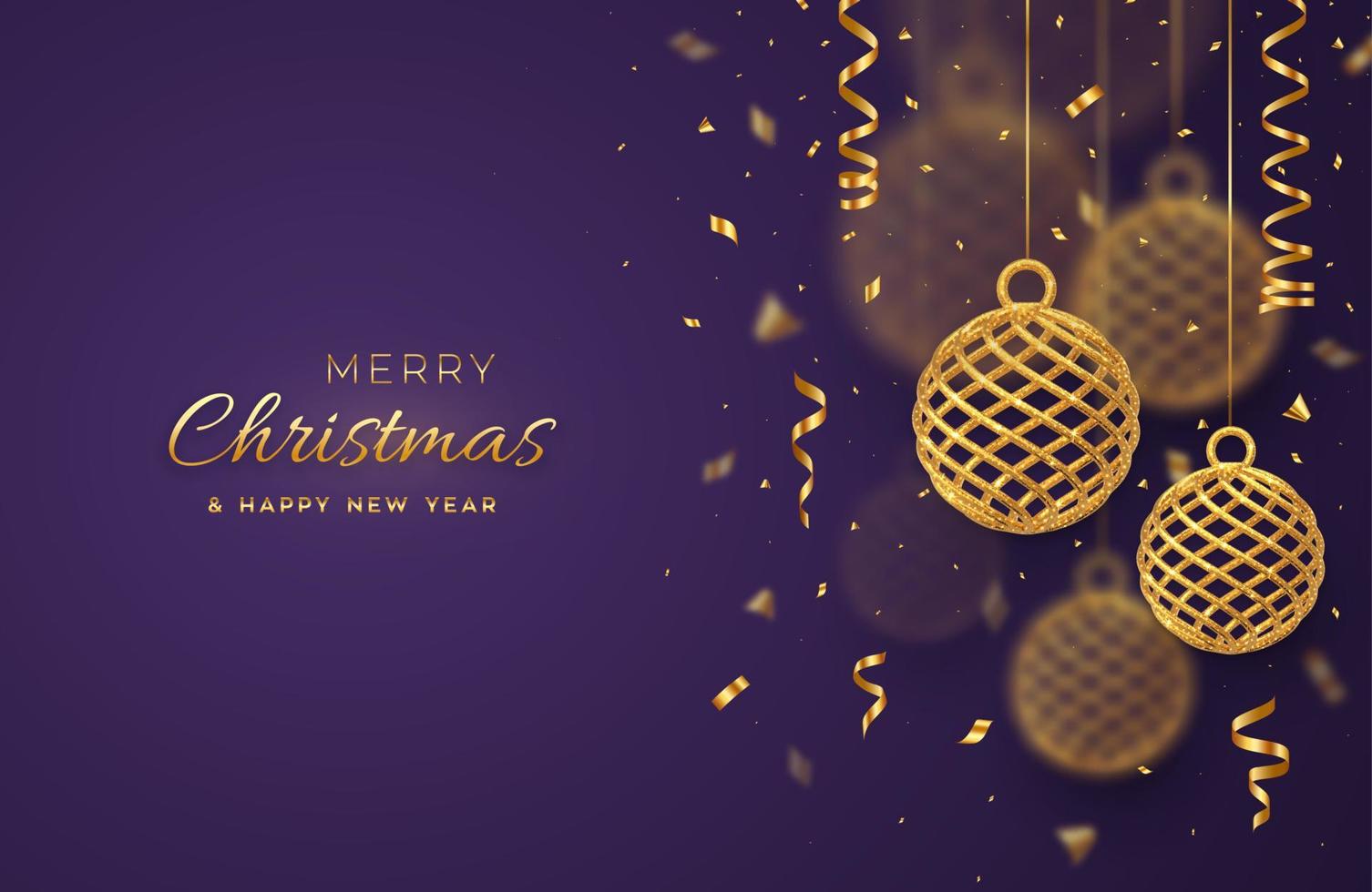 Christmas balls. 3D Realistic hanging golden metallic balls with falling confetti on purple background. Greeting card. New Year Merry Christmas. Shining decoration hanging baubles. Vector illustration