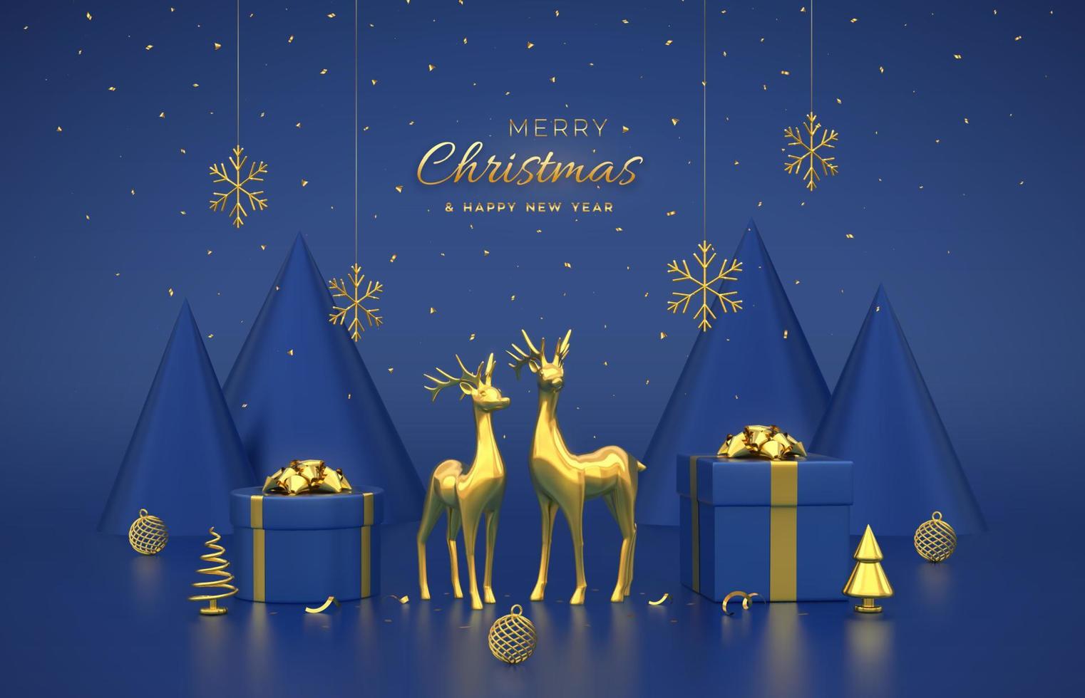 Christmas banner. Composition from gold deers, gift boxes, golden shining showflakes and ball, metallic spruce trees. New Year cone shape trees. Xmas background, greeting card. Vector 3D illustration.