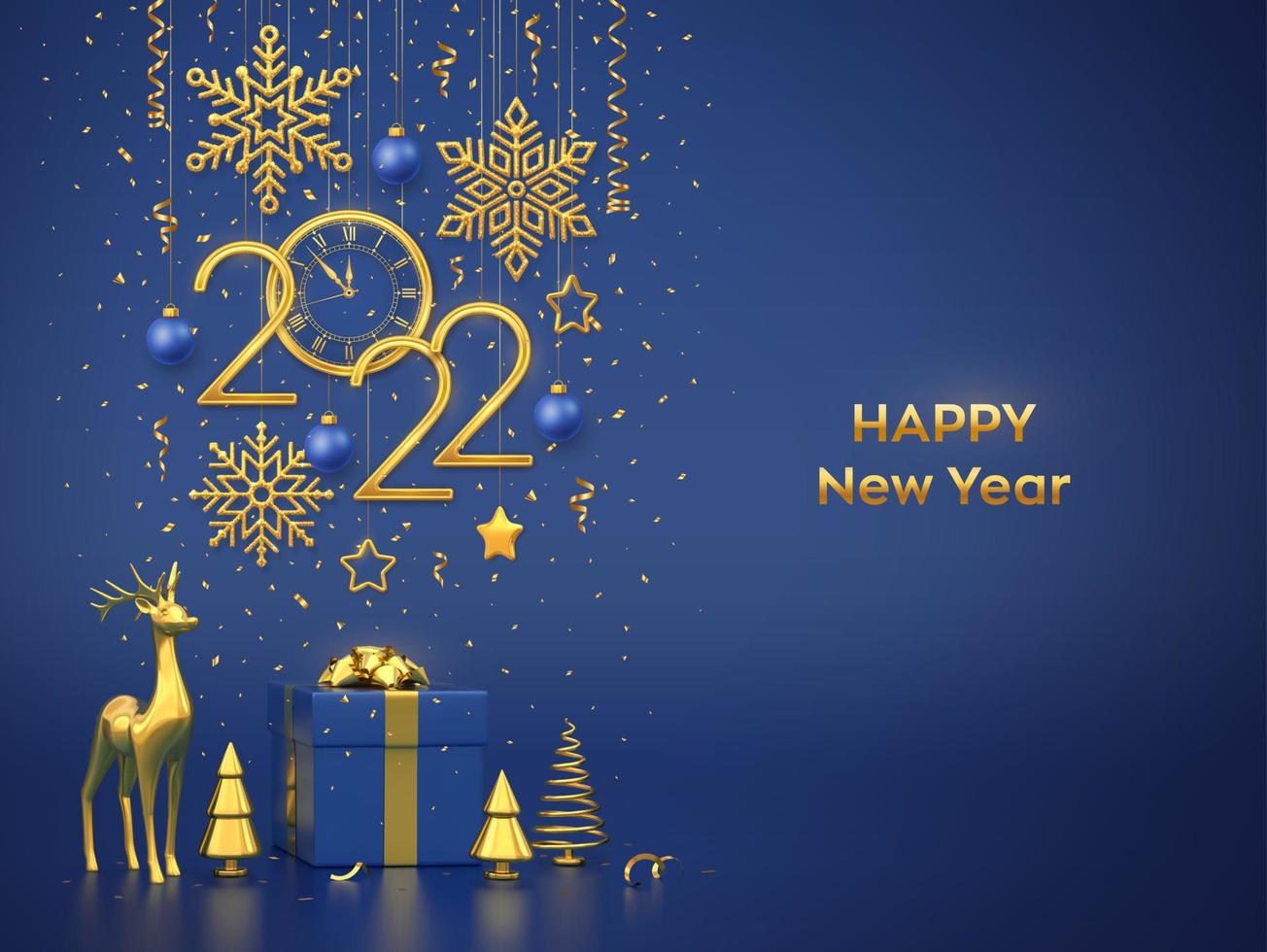 Happy New 2022 Year. Gold metallic numbers 2022 and watch with Roman numeral and countdown midnight, eve for New Year. Gift box, golden deer and metallic pine or fir, cone shape spruce trees. Vector. vector