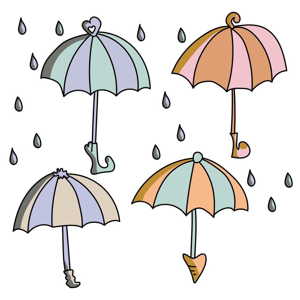 Set of doodle colorful umbrellas and raindrops, outline vector illustration