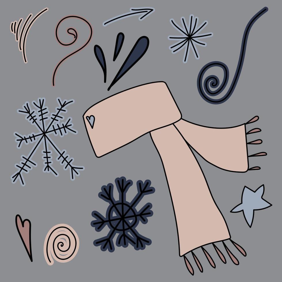 acogedora bufanda rosa y elementos decorativos, copos de nieve y espirales, ilustración vectorial de dibujo a mano vector