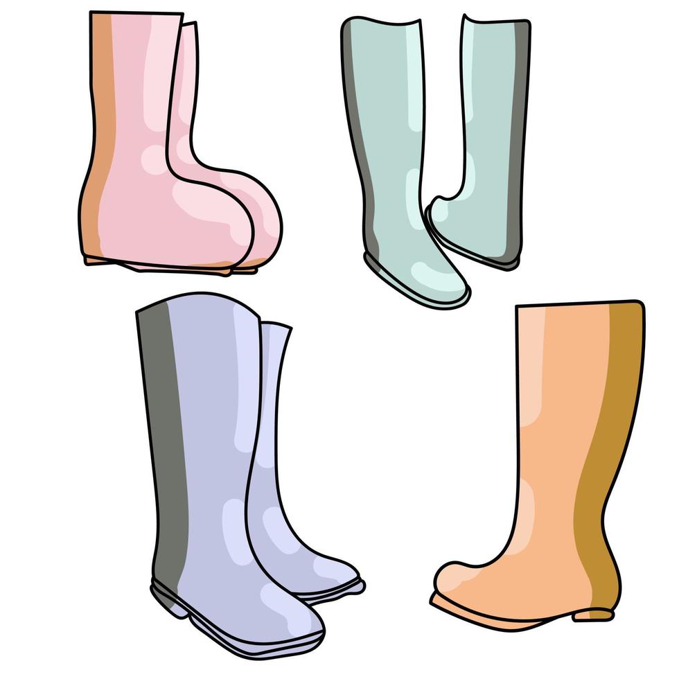Set of rubber boots, colorful vector illustration, comfortable shoes for rainy weather, hand draw outline illustrations