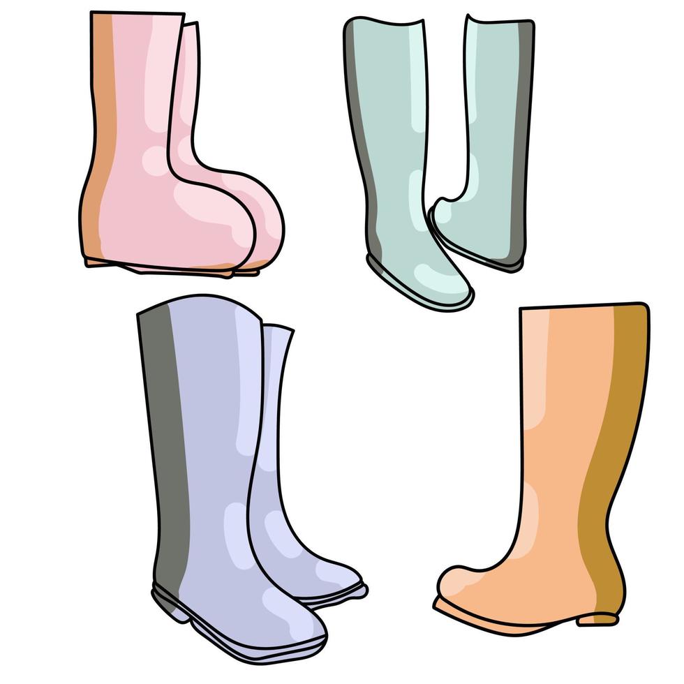 conjunto de botas de goma, ilustración vectorial colorida, zapatos cómodos para clima lluvioso, ilustraciones de contorno de dibujo a mano vector