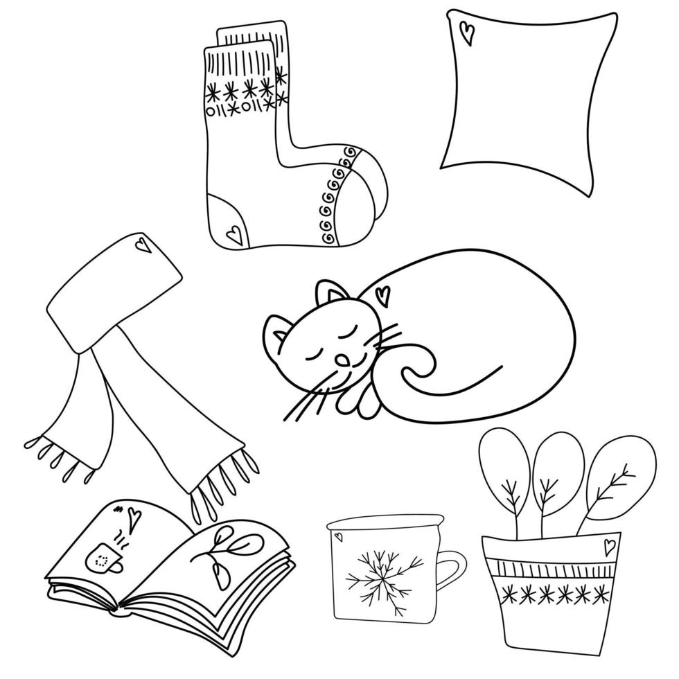 lindo y acogedor libro para colorear con detalles individuales como bufanda, calcetines, almohada, gato, taza de flores, libro. ilustración vectorial de contorno vector