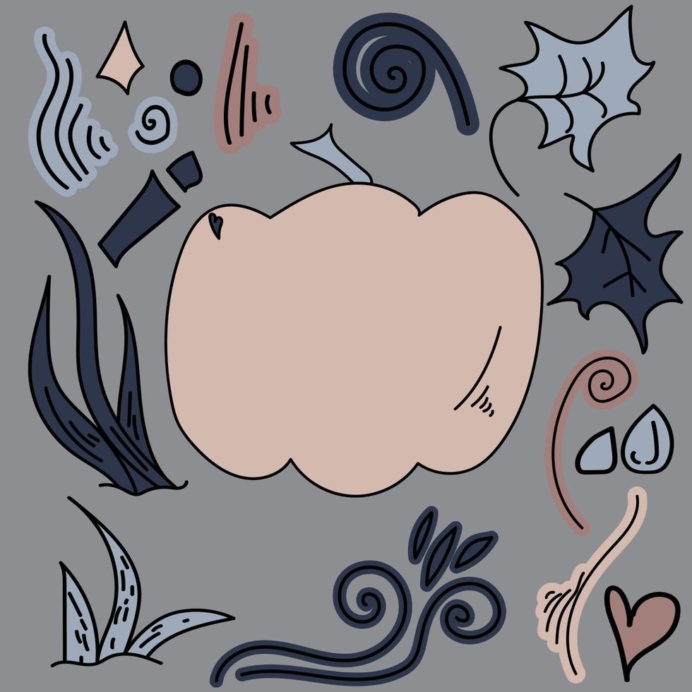 Doodle pink pumpkin on gray background and cute design elements, vector hand draw illustration