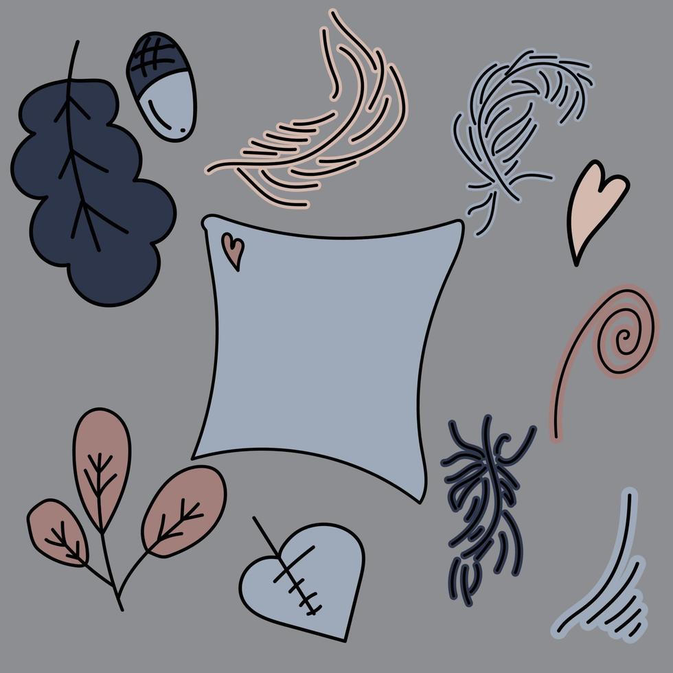 lindo doodle almohada y elementos de otoño, plumas y hojas sobre un fondo gris, ilustración de dibujo a mano de vector