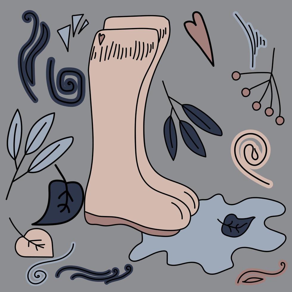 Botas de goma en un charco, sembrando elementos decorativos, hojas, bayas y rizos, ilustración de contorno vectorial vector