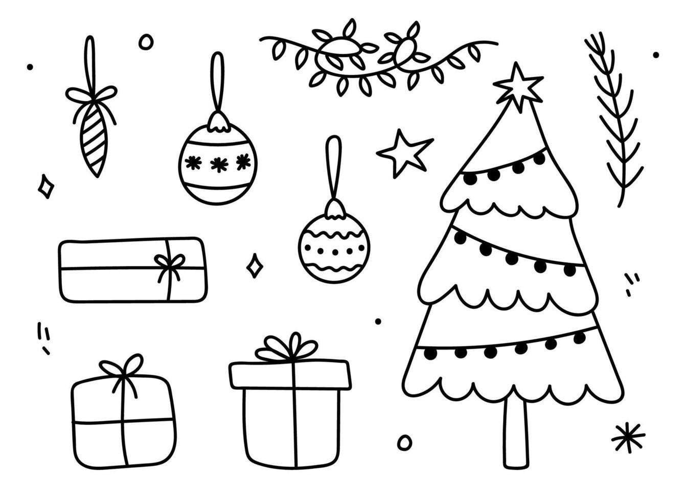 Set of winter doodles - a decorated Christmas tree, garlands, gifts, Christmas baubles and spruce branch. Vector cartoon hand-drawn illustration. Perfect for holiday designs, cards, invitations.