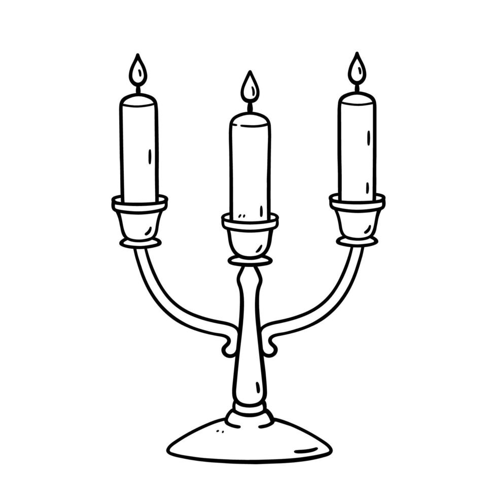 Candelabrum with burning candles isolated on white background.  Vector hand-drawn illustration in doodle style. Perfect for holiday and Christmas designs, cards, decorations, logo.