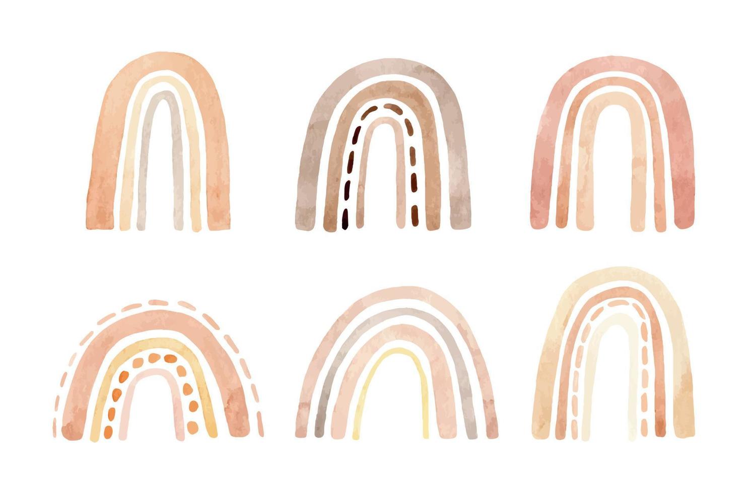 Set of simple modern rainbows in pastel colors. Cute watercolor hand-drawn illustration. Perfect for greeting cards, invitations, fabric, textile, nursery decor, prints, logo, patterns, covers. vector