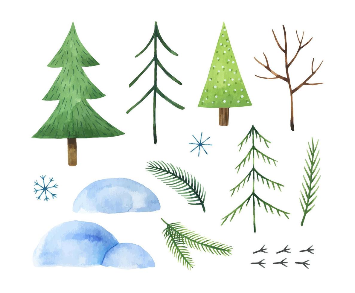 Watercolor set of winter elements on white background. Stylized fir trees, snowdrifts, fir branches, snowflakes, cute bird tracks. Christmas clipart illustration. Perfect for cards, patterns, decor vector