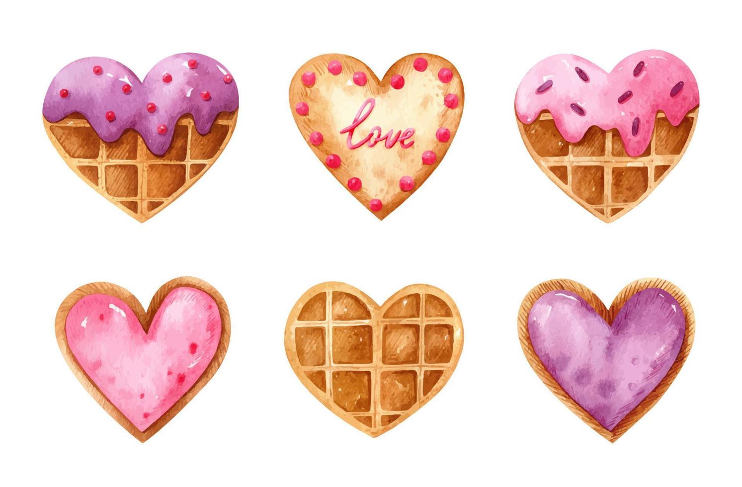 Valentine's day watercolor set with heart shaped desserts. Belgian waffles with glaze and sprinkles and without toppings, cookies with berry filling and festive decor. Perfect for cards, prints, menu. vector