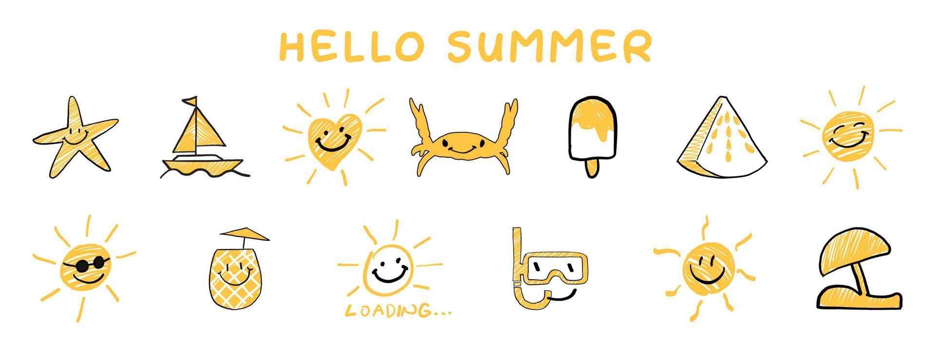 Vector drawn summer icons. Vector.