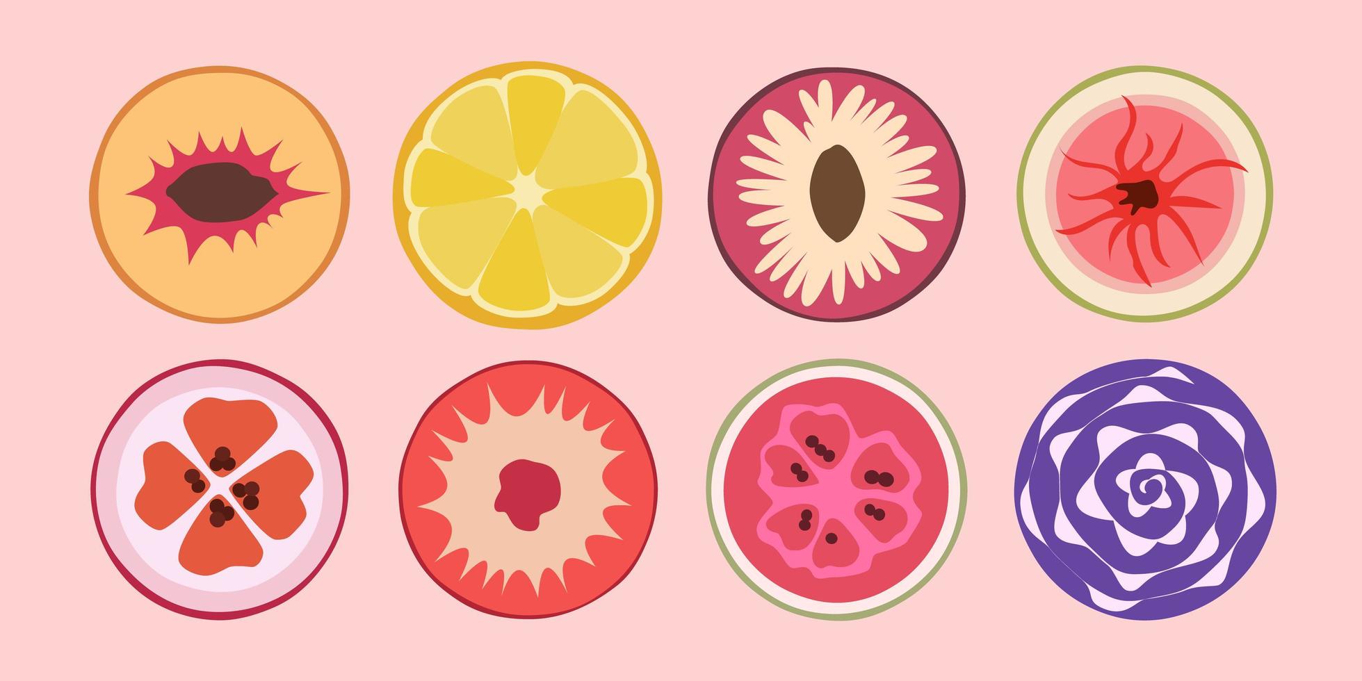 Modern colorful fruits and vegetables. Different colors and styles. vector