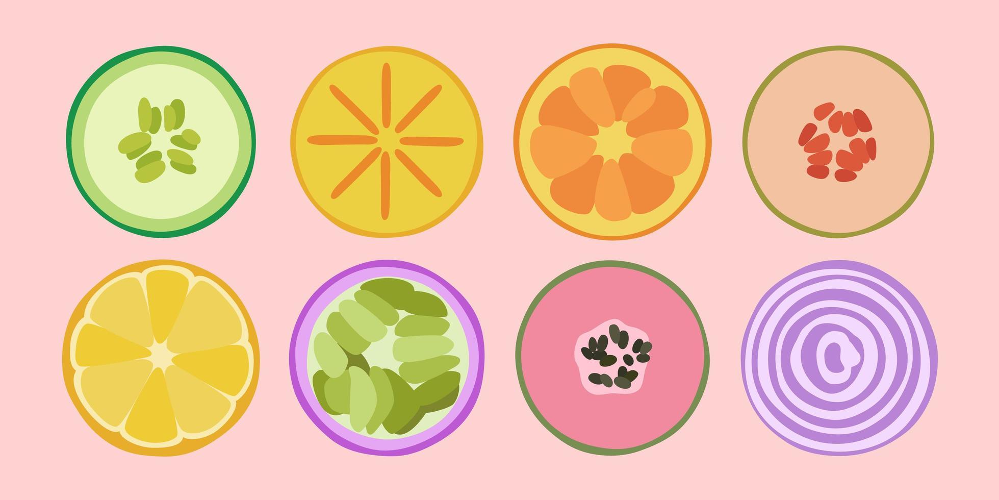 Modern colorful fruits and vegetables. Different colors and styles. vector