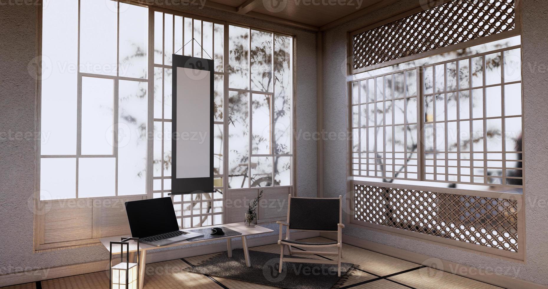 Cabinet wooden display design on room japanese minimalist living roon unterior, 3D rendering photo