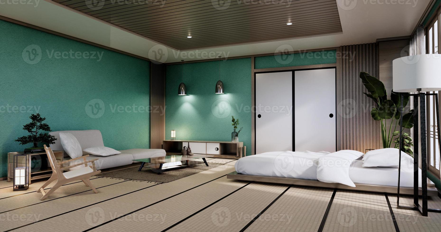 maqueta interior con planta de cama zen y decoración en dormitorio de menta japonesa. Representación 3D. foto
