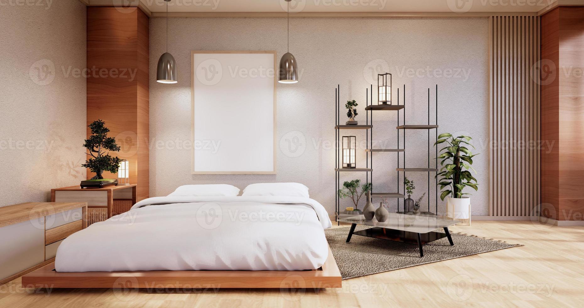 interior mock up with zen bed plant and decoartion in japanese bedroom. 3D rendering. photo