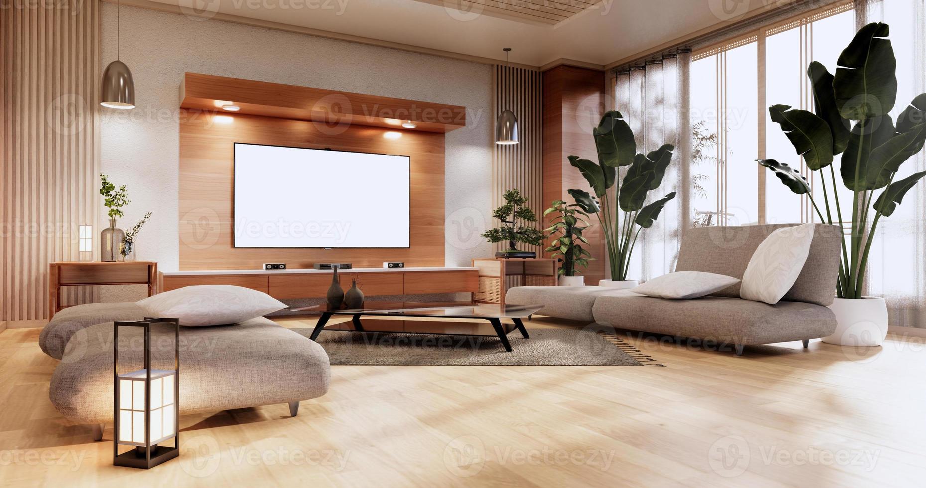 Cabinet in Living room with tatami mat floor and sofa armchair design.3D rendering photo