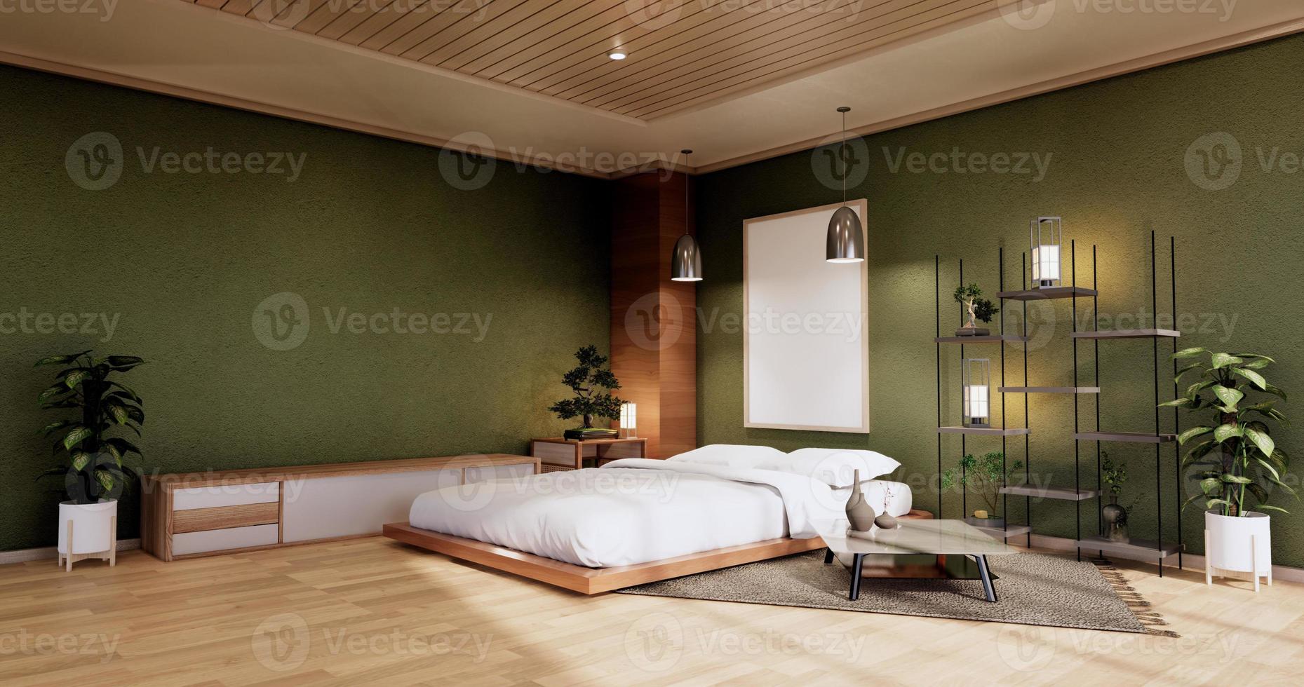 maqueta interior con planta de cama zen y decoración en dormitorio verde japonés. Representación 3D. foto