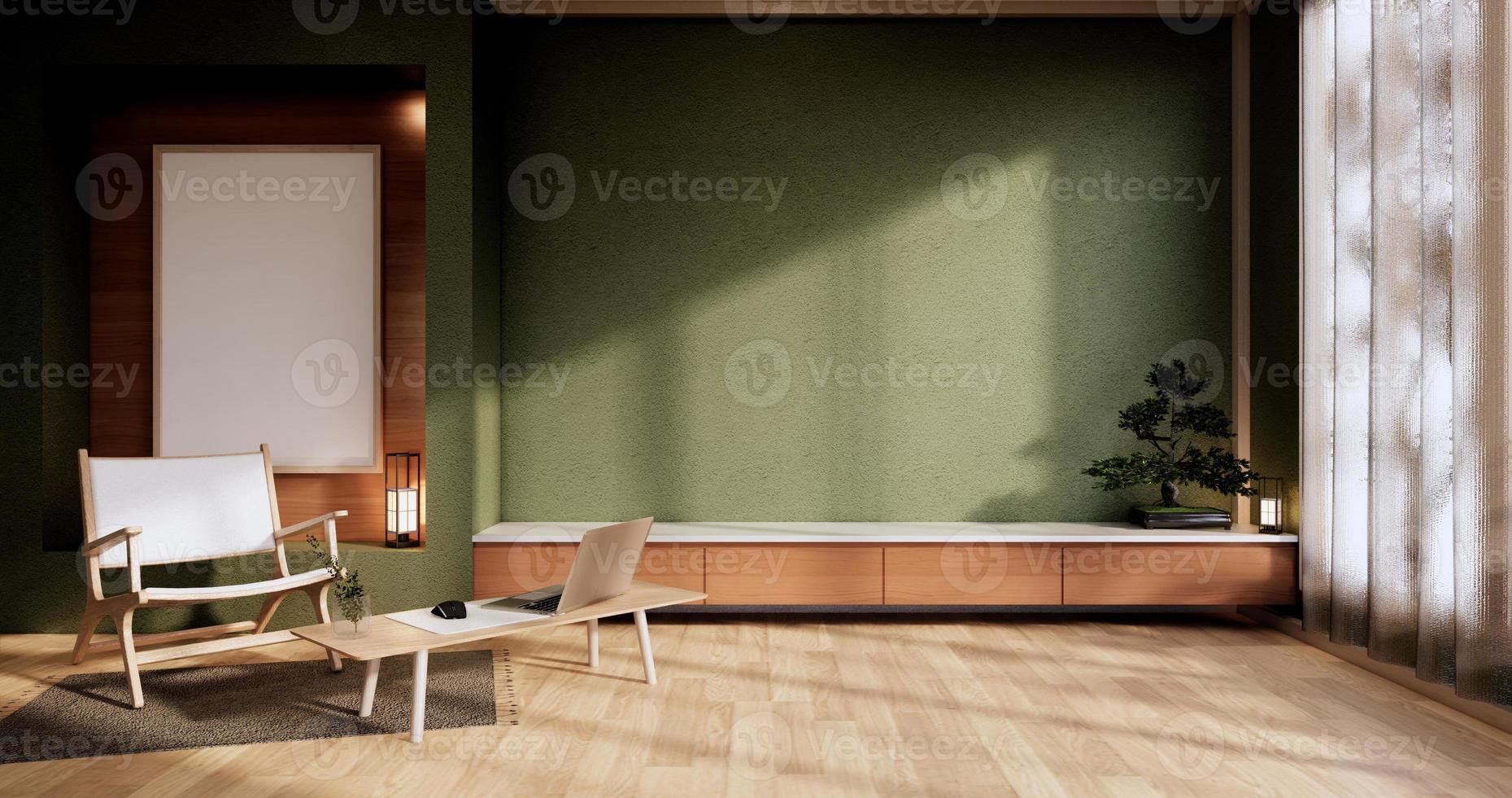 Interior Mock up, Minimal green Living room japanese style.3D rendering photo