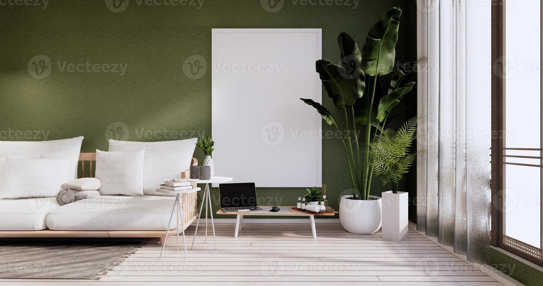 Interior minimalista, muebles de sofá y plantas, diseño moderno de sala verde. Representación 3D. foto