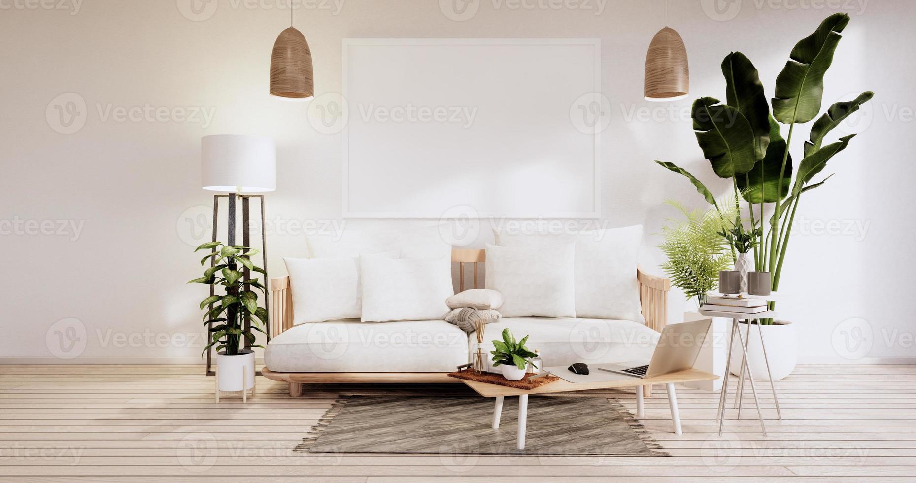 Interior minimalista, muebles de sofá y plantas, diseño de habitaciones  modernas. Representación 3D. 4586382 Foto de stock en Vecteezy