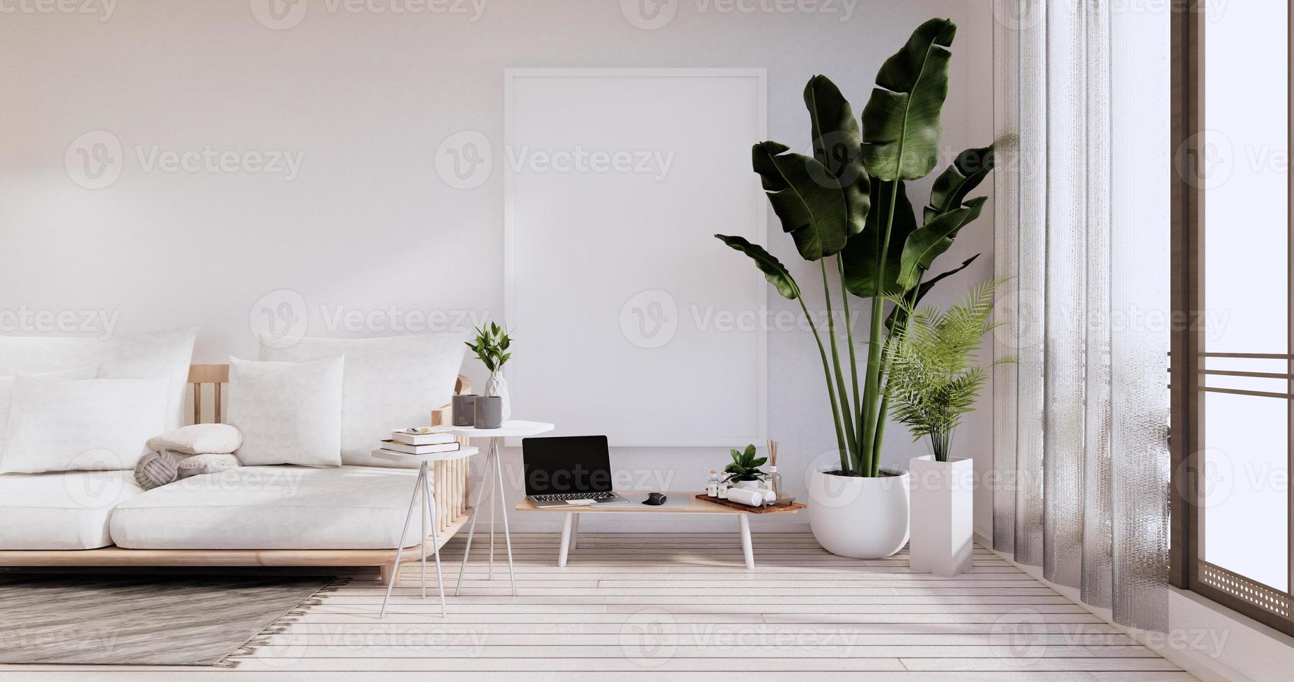 Interior minimalista, muebles de sofá y plantas, diseño de habitaciones modernas. Representación 3D. foto