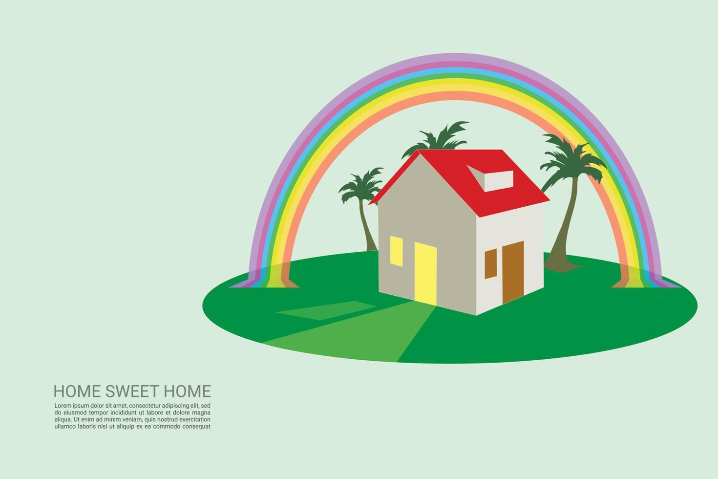 hogar dulce hogar con arcoiris, coco y pasto vector