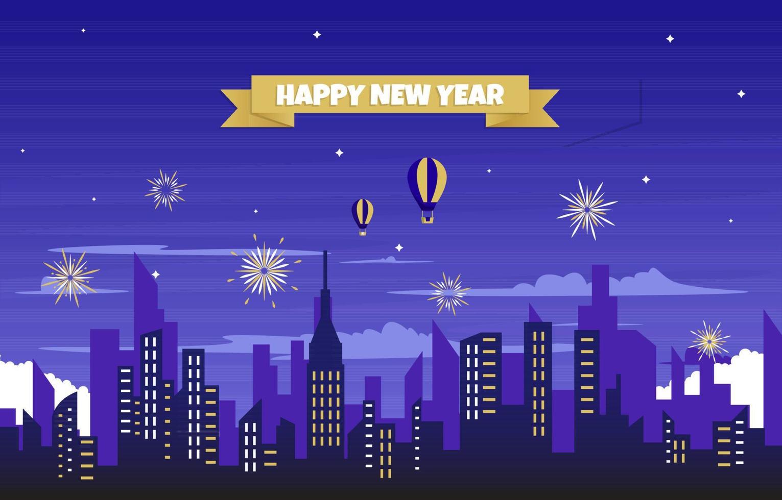Night City Building Happy New Year Celebration Card Vector Illustration
