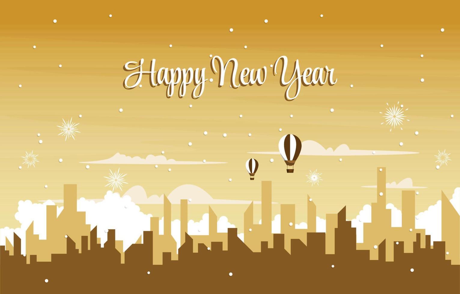 Snowfall City Building New Year Celebration Card Vector Illustration