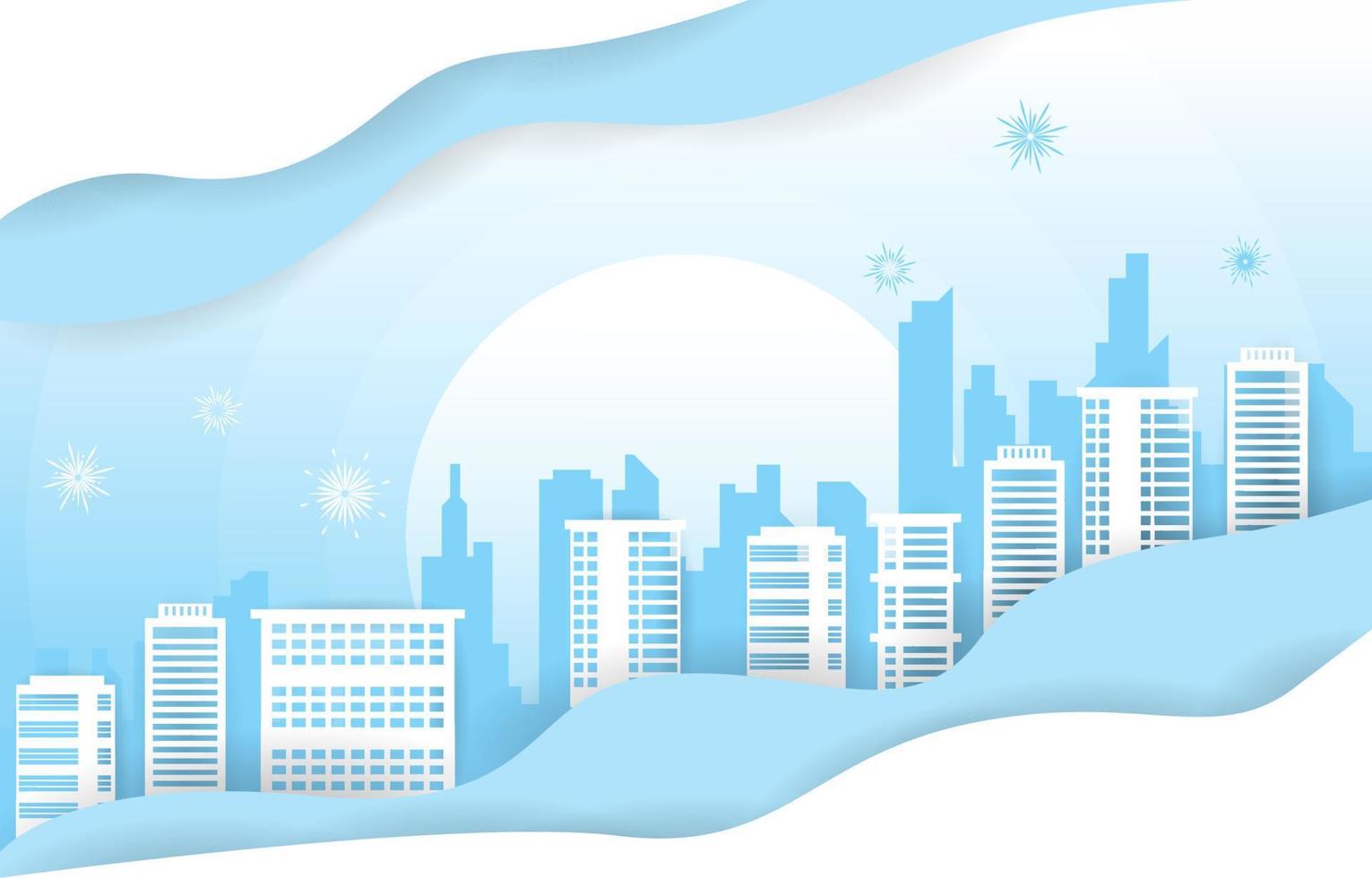 ciudad de fuegos artificiales edificio feliz invierno año nuevo ilustración de corte de papel vector