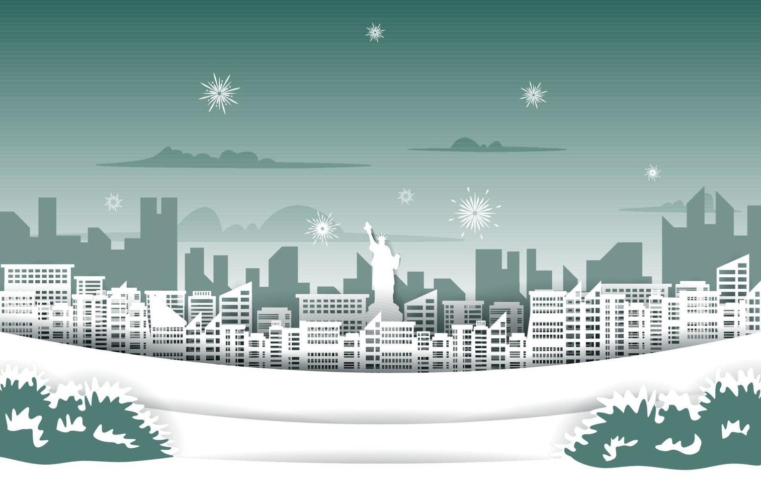 New York Fireworks City Building Winter New Year Paper Cut Illustration vector