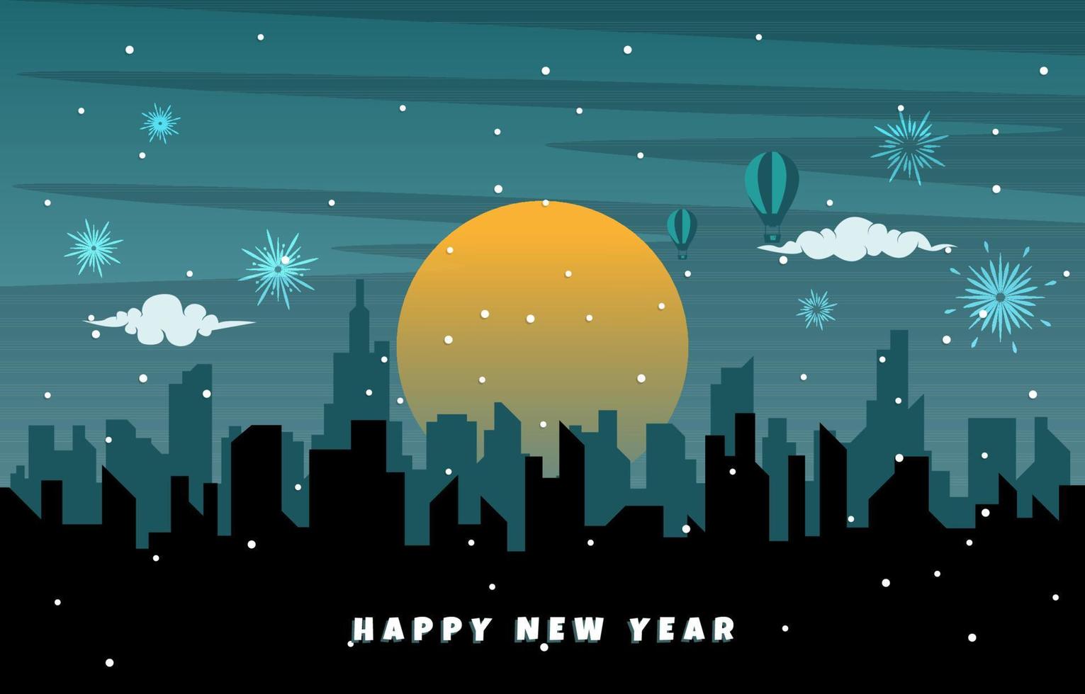 Night City Building Happy New Year Celebration Card Vector Illustration