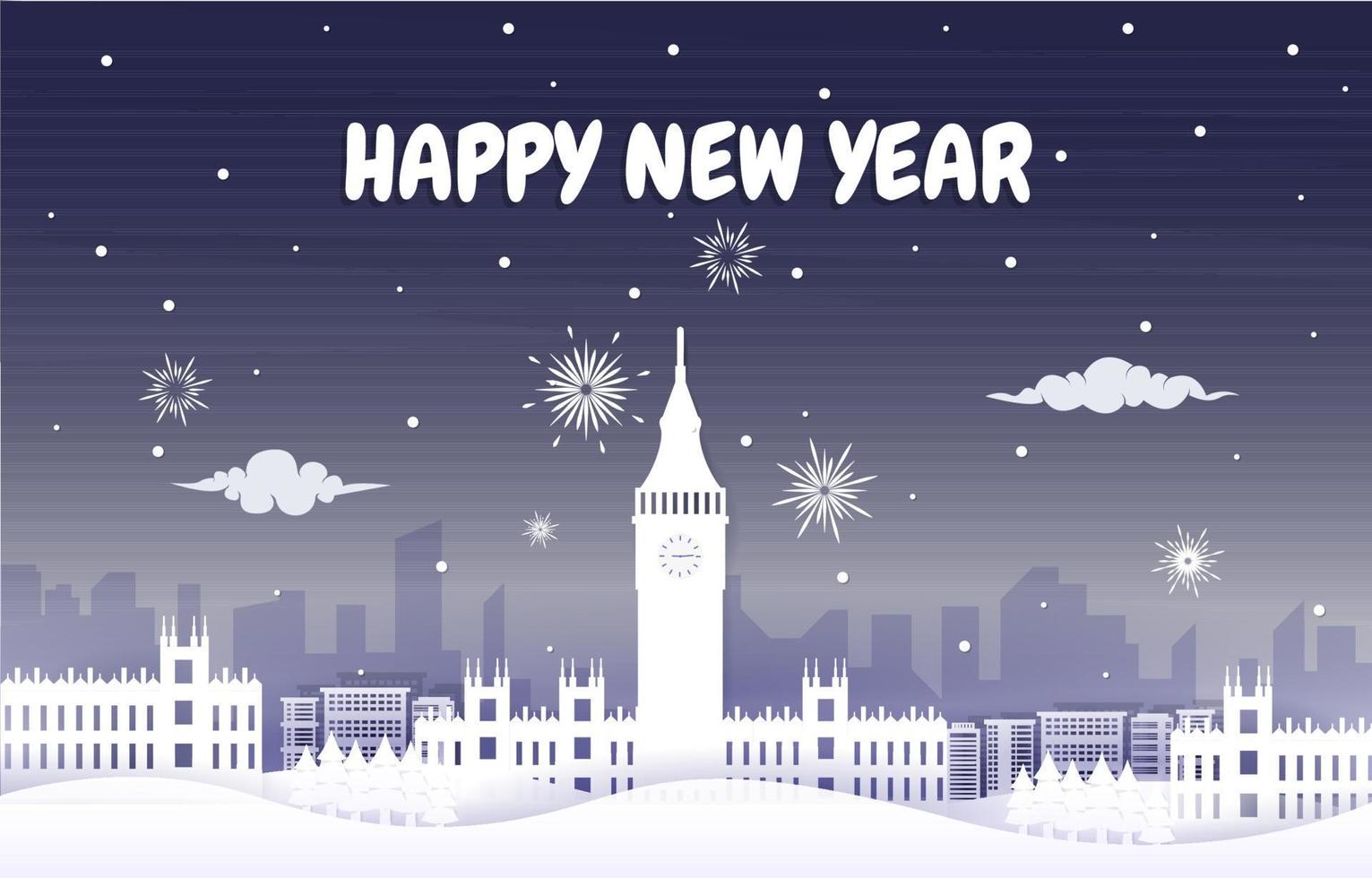 ciudad de fuegos artificiales de londres edificio invierno año nuevo ilustración de corte de papel vector