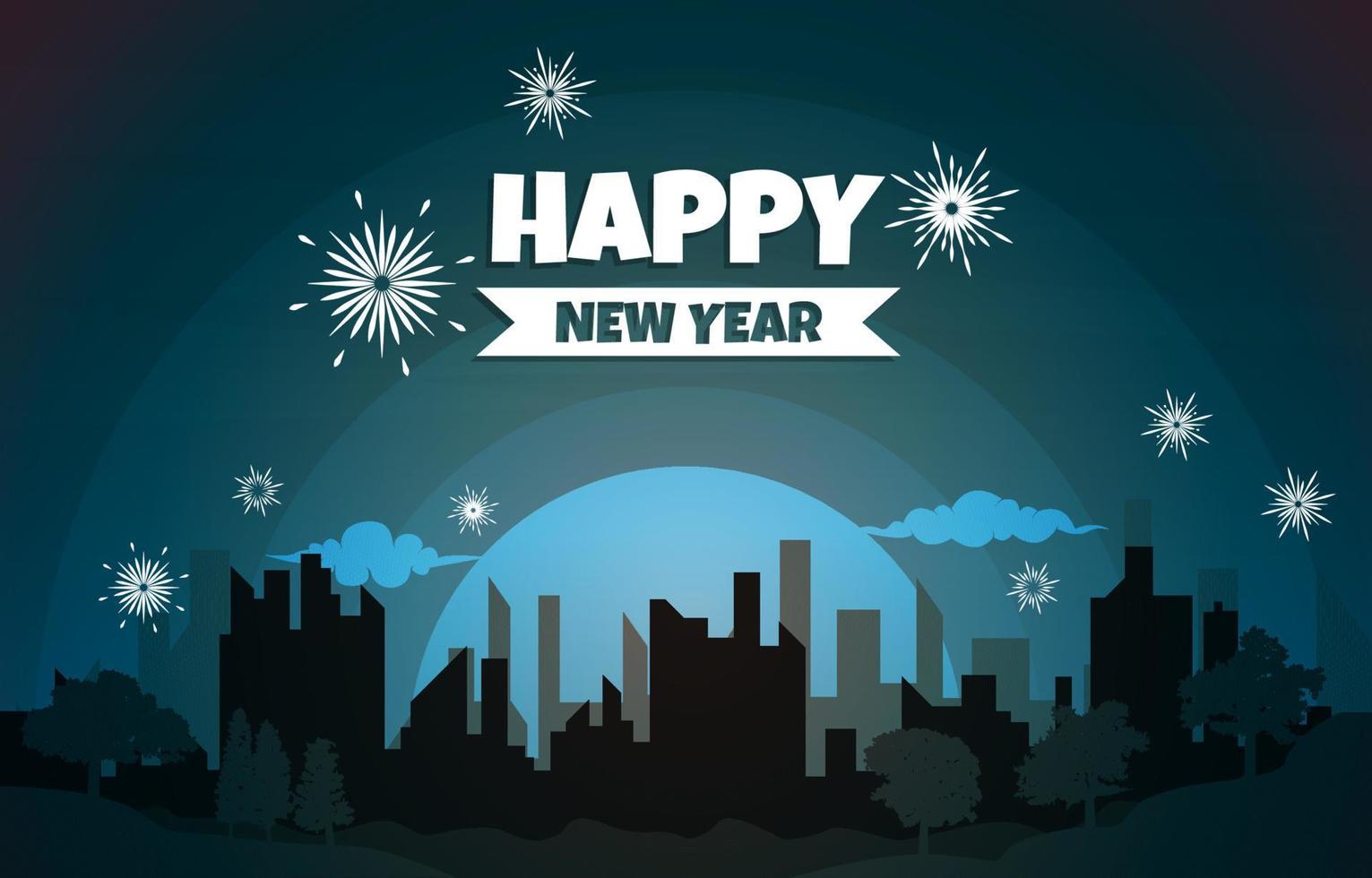 ciudad de noche edificio feliz año nuevo tarjeta de celebración ilustración vectorial vector