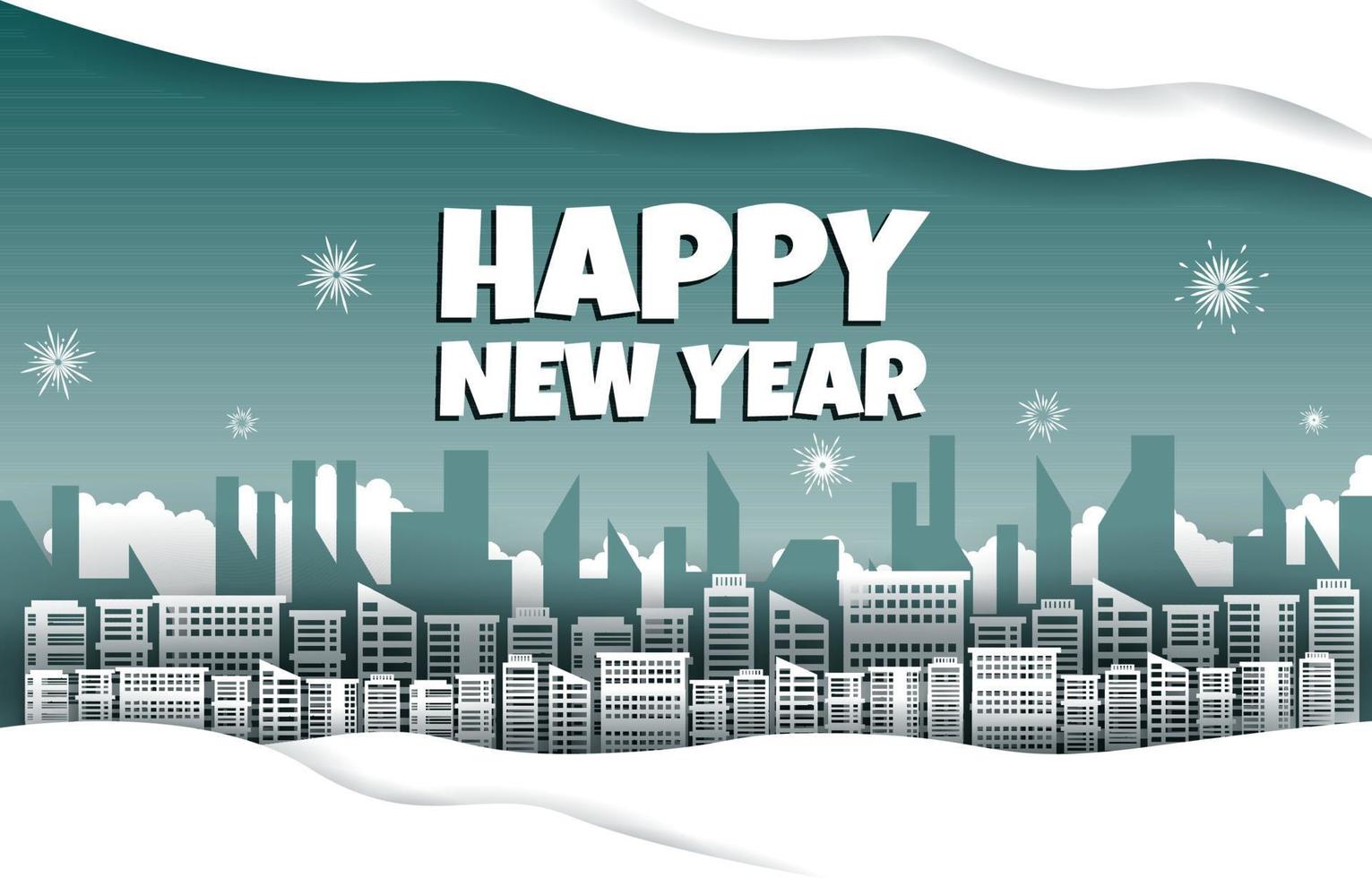 Night Fireworks City Building Winter New Year Paper Cut Illustration vector