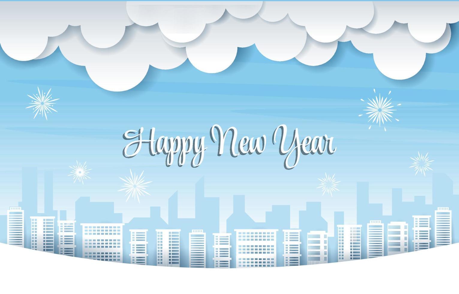 Fireworks City Building Cloud Winter New Year Paper Cut Illustration vector