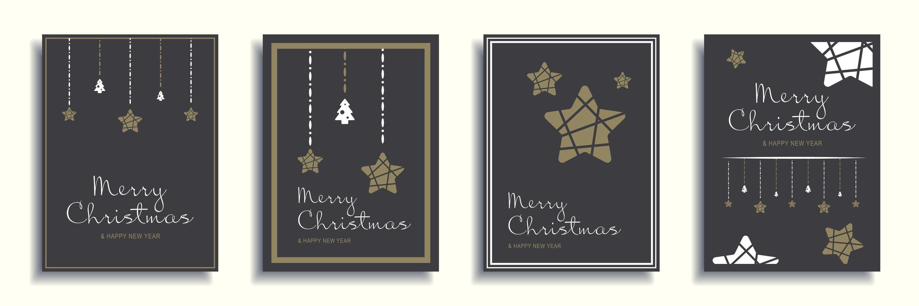 Merry Christmas and New Year 2022 brochure covers set. Xmas minimal banner design with hanging stars and festive trees at dark background. Vector illustration for flyer, poster or greeting card