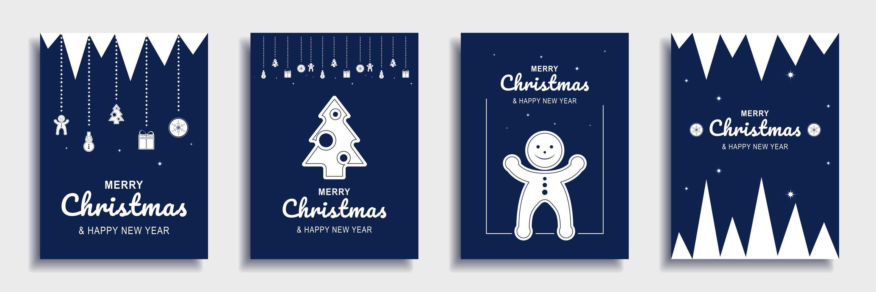 Merry Christmas and New Year 2022 brochure covers set. Xmas minimal banner design with decorative borders with gingerbread, ball, tree, snowman. Vector illustration for flyer, poster or greeting card