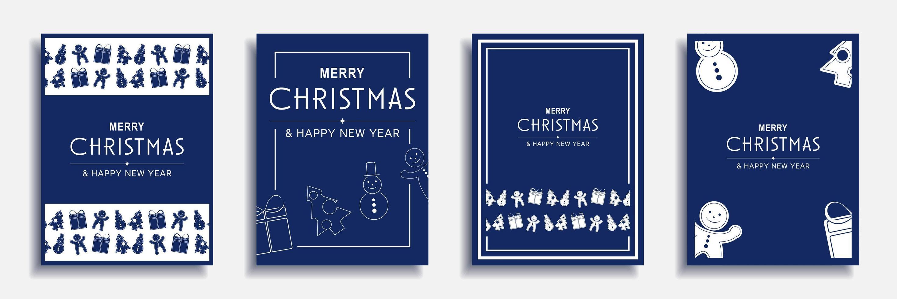 Merry Christmas and New Year 2022 brochure covers set. Xmas minimal banner design with decorative borders with gifts, trees, snowman and other. Vector illustration for flyer, poster or greeting card