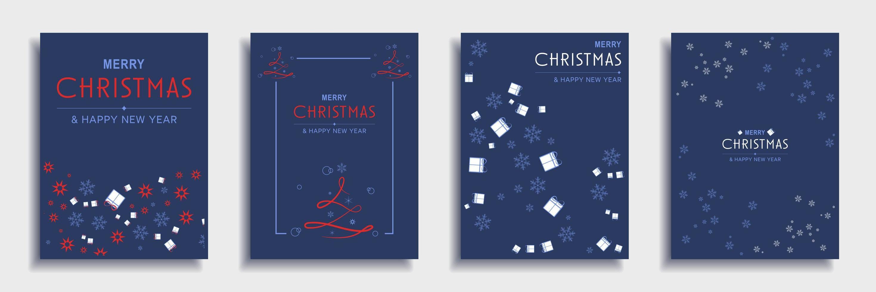 Merry Christmas and New Year 2022 brochure covers set. Xmas minimal banner design with stars, snowflakes and gifts patterns on blue backgrounds. Vector illustration for flyer, poster or greeting card