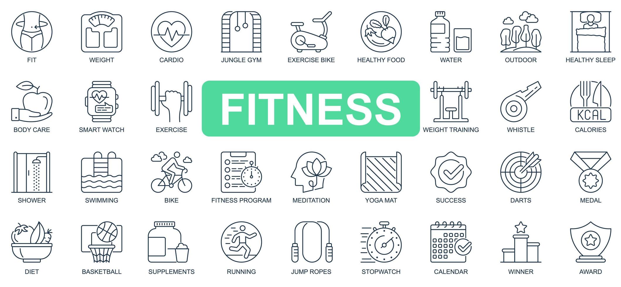 Fitness concept simple line icons set. Bundle of fit, weight, cardio, gym, exercise bike, training, swimming, running, diet and other. Vector pack outline symbols for website or mobile app design