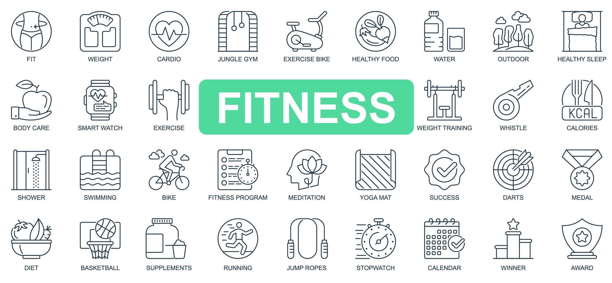 concepto de fitness conjunto de iconos de línea simple. paquete de ajuste, peso, cardio, gimnasio, bicicleta estática, entrenamiento, natación, carrera, dieta y otros. símbolos de esquema de paquete de vectores para el diseño de sitios web o aplicaciones móviles